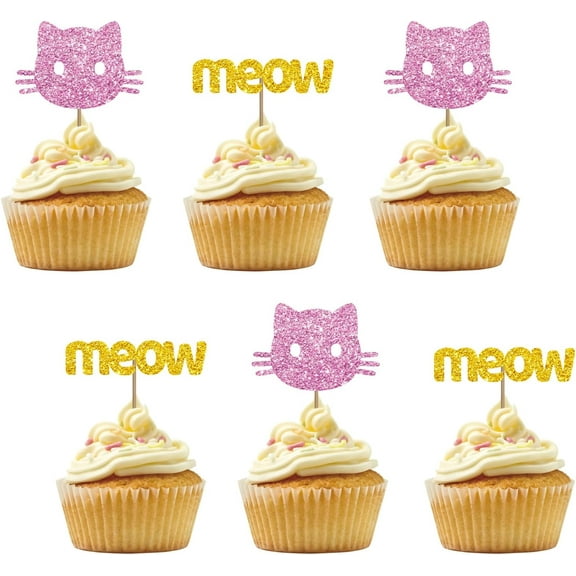 12pcs Kitten Cat and Meow Cupcake Toppers for Pet Theme Birthday, Gold & Pink Glitter Cat Face Sign Cupcake Toppers, Cake Decorations for Kitten Theme Baby Shower Kids Party Supplies