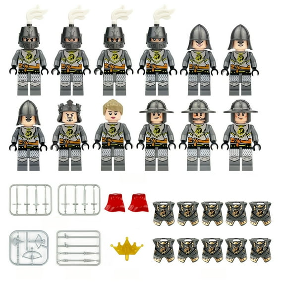 12pcs Knight Figure, 2"Knight Sets, Knight Minifigures, Knight Building Blocks, Minifigures Knight Weapons Set Accessories Kit Include Armor Helmet Cloaks Shield Barding Horses, E
