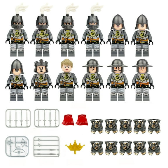 12pcs Knight Figure, 2"Knight Sets, Knight Minifigures, Knight Building Blocks, Minifigures Knight Weapons Set Accessories Kit Include Armor Helmet Cloaks Shield Barding Horses, E