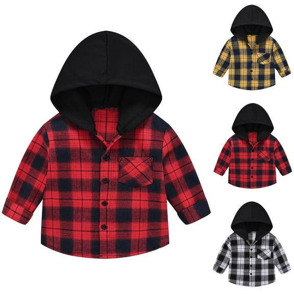 Ashirexll Kids Plaid Brushed Flannel Hoodie Button Front Pocket Long Sleeve Button Jacket Spring Fall Wear