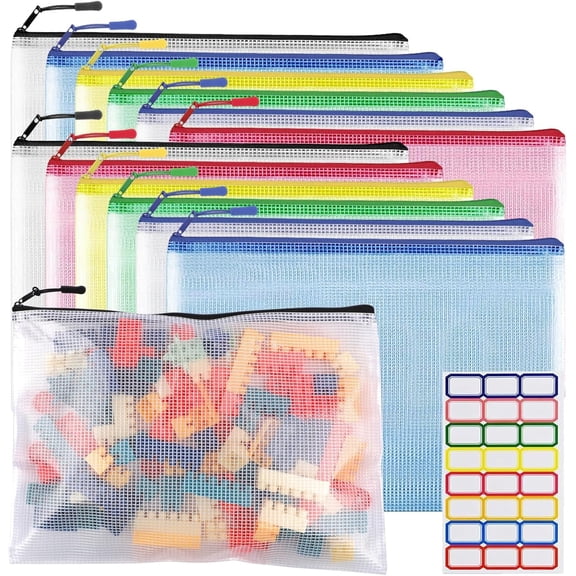 12pcs Large A4 Mesh Zipper Pouch File Bags General Reusable Zippered Pouches for Organizing Classroom, Board Game Storage, Puzzle Bags