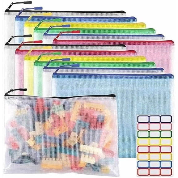 12pcs Large A4 Mesh Zipper Pouch File Bags Quivanta Reusable Zippered Pouches for Organizing Classroom, Board Game Storage, Puzzle Bags