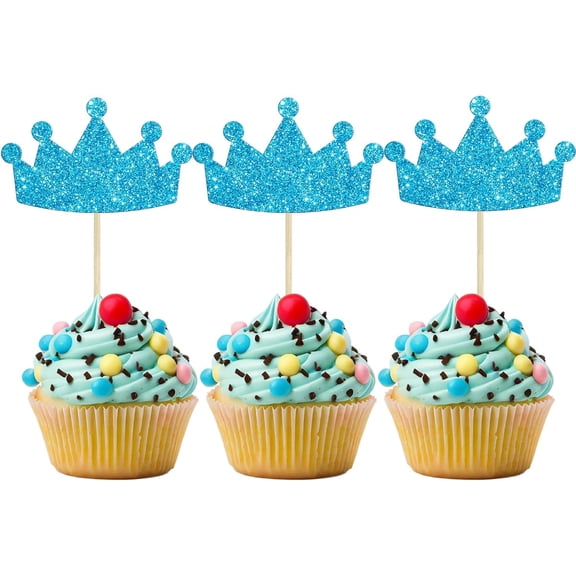 12pcs Light Blue Crown Cupcake Toppers, Glitter Crown Cupcake Picks for Baby Shower/Boys Birthday Party Decorations