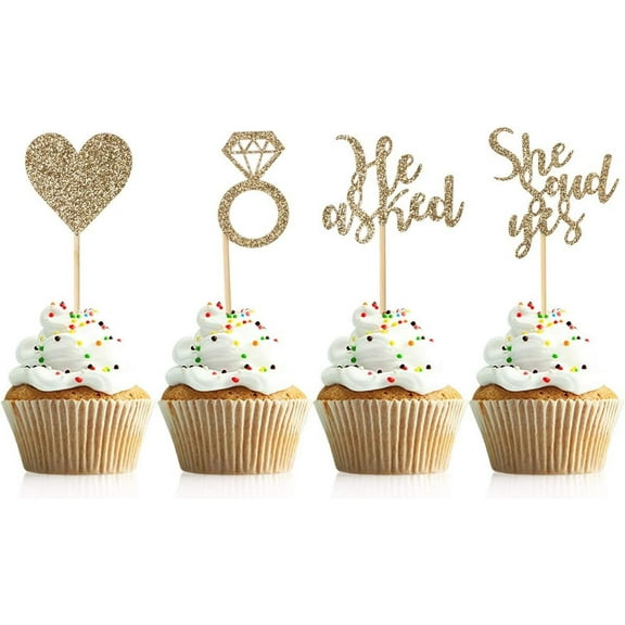12pcs Light Gold He Asked She Said Yes Cupcake Toppers Diamond Ring Heart Cake Picks for Wedding Engagement Party Cake Decorations