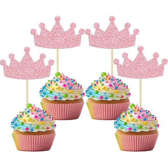 12pcs Light Pink Crown Cupcake Toppers, Glitter Crown Cupcake Picks for Girls Birthday/Baby Shower Party Supplies