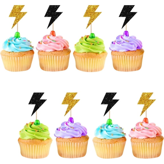 12pcs Lightning Cupcake Toppers, Lightning Bolt Cupcake Toppers, Black Glitter Weather Cake Decoration for Baby Shower, Lightning Weather Themed Birthday Party Supplies