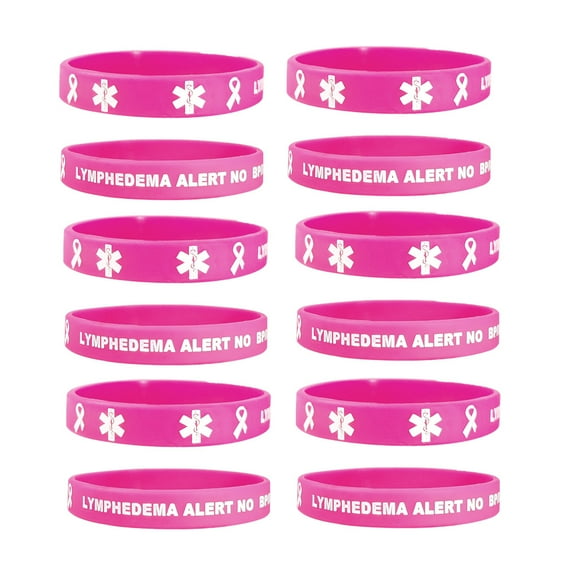 12pcs Lymphedema Alert Bracelet Breast Cancer Pink Ribbon no bp no Needles Lymphedema ID Rubber Wristbands Medical Alert Bracelets Med Stretch Bracelet,Free Medical Wallet Insert Card