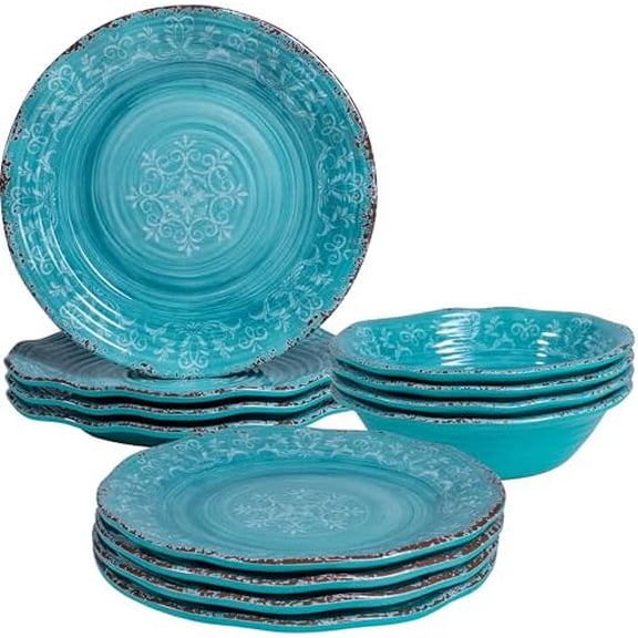 12pcs Melamine Dinnerware Set .Service for 4, Farmhouse plates and bowls dishes sets, Non-breakable Lightweight Dining Serving Tableware,Great for Party,Camping and RV, Dishwasher Safe, Teal