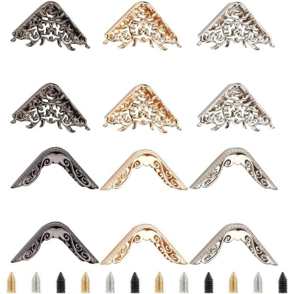 12pcs Metal Book Corner Protector 6 Styles Vintage Box Edge Cover Guard Edge Cover Angle Protector Triangle Decorative Trim Albums Menus Folder for Scrapbooks Notebooks Jewelry Case Furniture