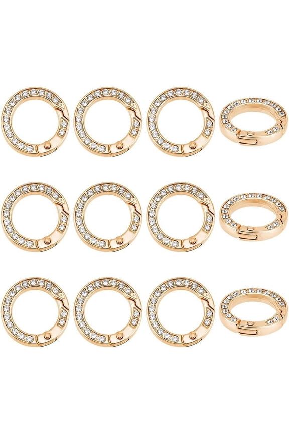 12pcs Metal Rhinestone Spring O Rings Alloy Spring Gate Ring with Rhinestone Rings Round Keychain Buckle Gate Rings 25mm Light Gold Clip Snap Spring