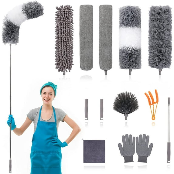 12pcs Microfiber Dusters, Duster with Extension Pole(Stainless Steel) 30 to 100'', Washable Bendable Extendable Long Feather for Cleaning Fan, High Ceiling, Blinds, Furniture, Cars