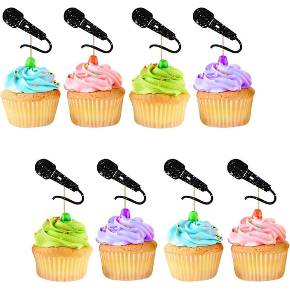 12pcs Microphone Cupcake Toppers, Singing Microphone Sign Cupcake Toppers, Black Glitter Cake Decorations for Rock & Roll/Pop Music Theme Birthday/Baby Shower Party Supplies