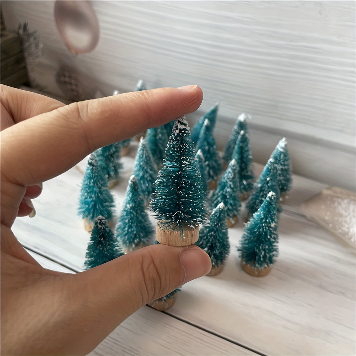 12pcs Mini Christmas Tree Tabletop Decor Pine Wood, Sisal Silk, Cedar