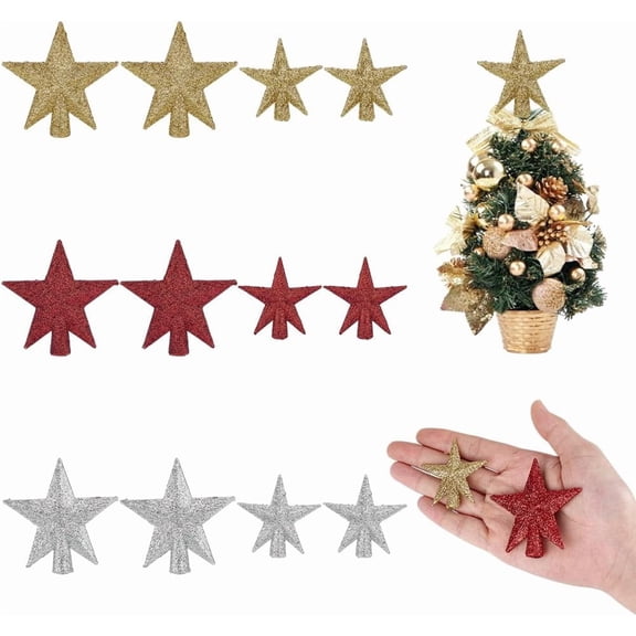 12pcs Mini Christmas Tree Topper Star 1.77 and 2.44 Inch Small Star Treetop Easter Resin Xmas Holiday Trees Toppers Ornament Decor Creative Craft