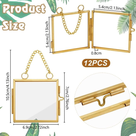 12pcs Mini Hanging Glass Frame 2.2 Inch Wall Hanging Photo Frames Square Double Glass Picture Frame with Chain Brass Frame DIY Artwork Display Frames for Pressed Flowers Pictures Home Wall