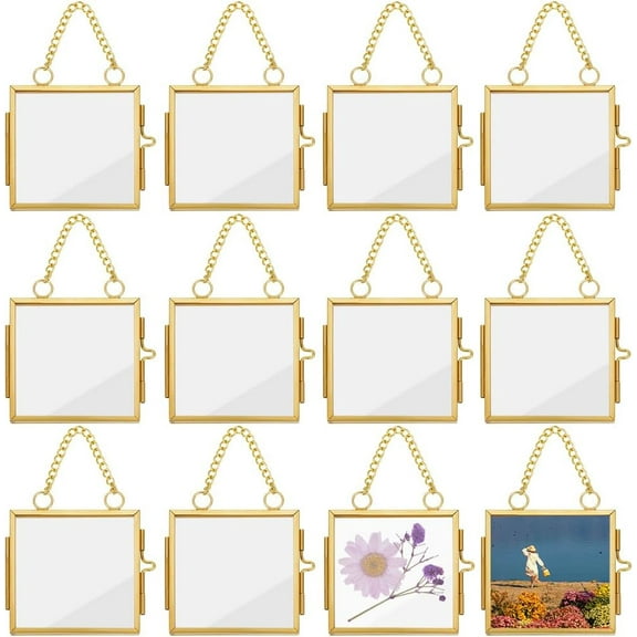 12pcs Mini Hanging Glass Frame 2.2 Inch Wall Hanging Photo Frames Square Double Glass Picture Frame with Chain Brass Frame DIY Artwork Display Frames for Pressed Flowers Pictures Home Wall Colorful