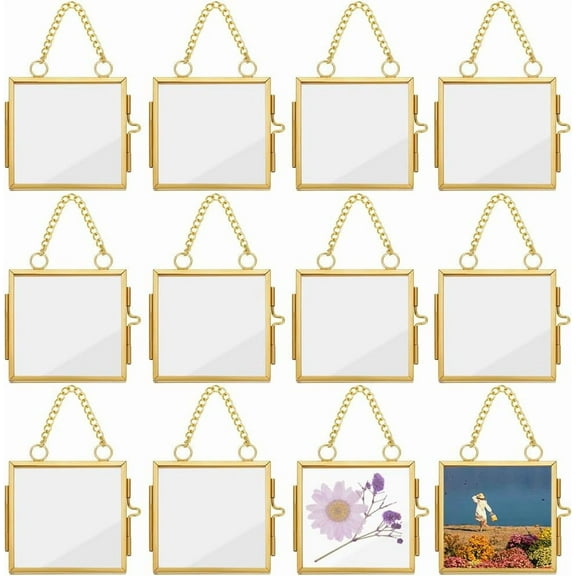 12pcs Mini Hanging Glass Frame 2.2 Inch Wall Hanging Photo Frames Square Double Glass Picture Frame with Chain Brass Frame DIY Artwork Display Frames for Pressed Flowers Pictures Home Wall Iron