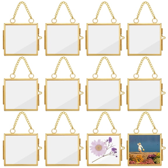 12pcs Mini Hanging Glass Frame 2.2 Inch Wall Hanging Photo Frames Square Double Glass Picture Frame with Chain Brass Frame DIY Artwork Display Frames