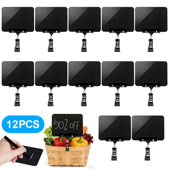 12pcs Mini Plastic Chalkboard Sign with Rotating Clip, Erasable Double Head Display Price Tags, Merchandise Sign Clip Holder for Business Retail Food Clothing Rack Shelf Basket