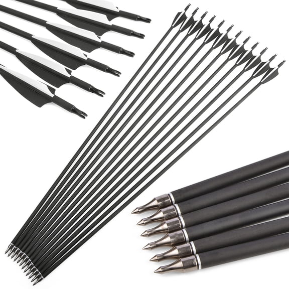 12pcs Mixed Carbon Arrow Spine 500 Shaft Length 29.7 Inch ID 6.2mm Inserted Nock for Recurve Compound Bow Hunting Training