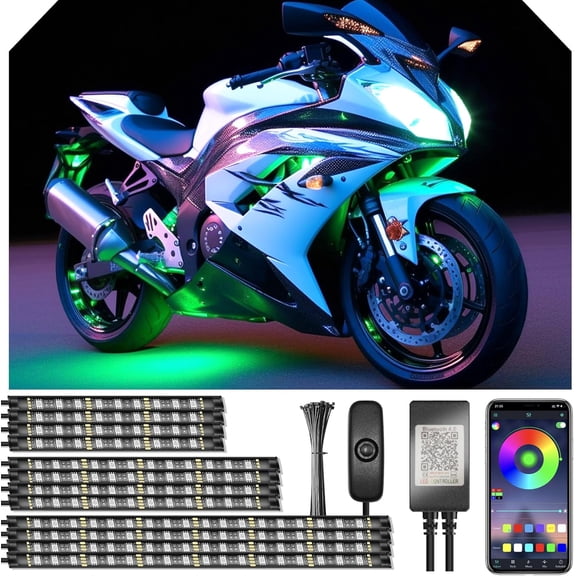 12pcs Motorcycle Underglow LED Strip Ligt Kit Waterproof RGB Neon Accent Ligts Ground Effect Atmospere Ligt DC 12V wit APP & andle Switc Control for Motorbike Trike Golf Carts Bikes
