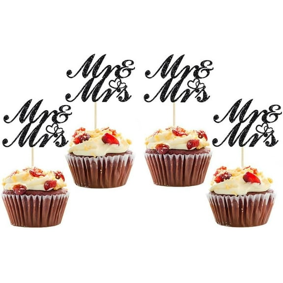 12pcs Mr & Mrs Cupcake Toppers With Love Heart Bridal Shower for Wedding Engagement Theme Party Cake Decorations Supplie Black