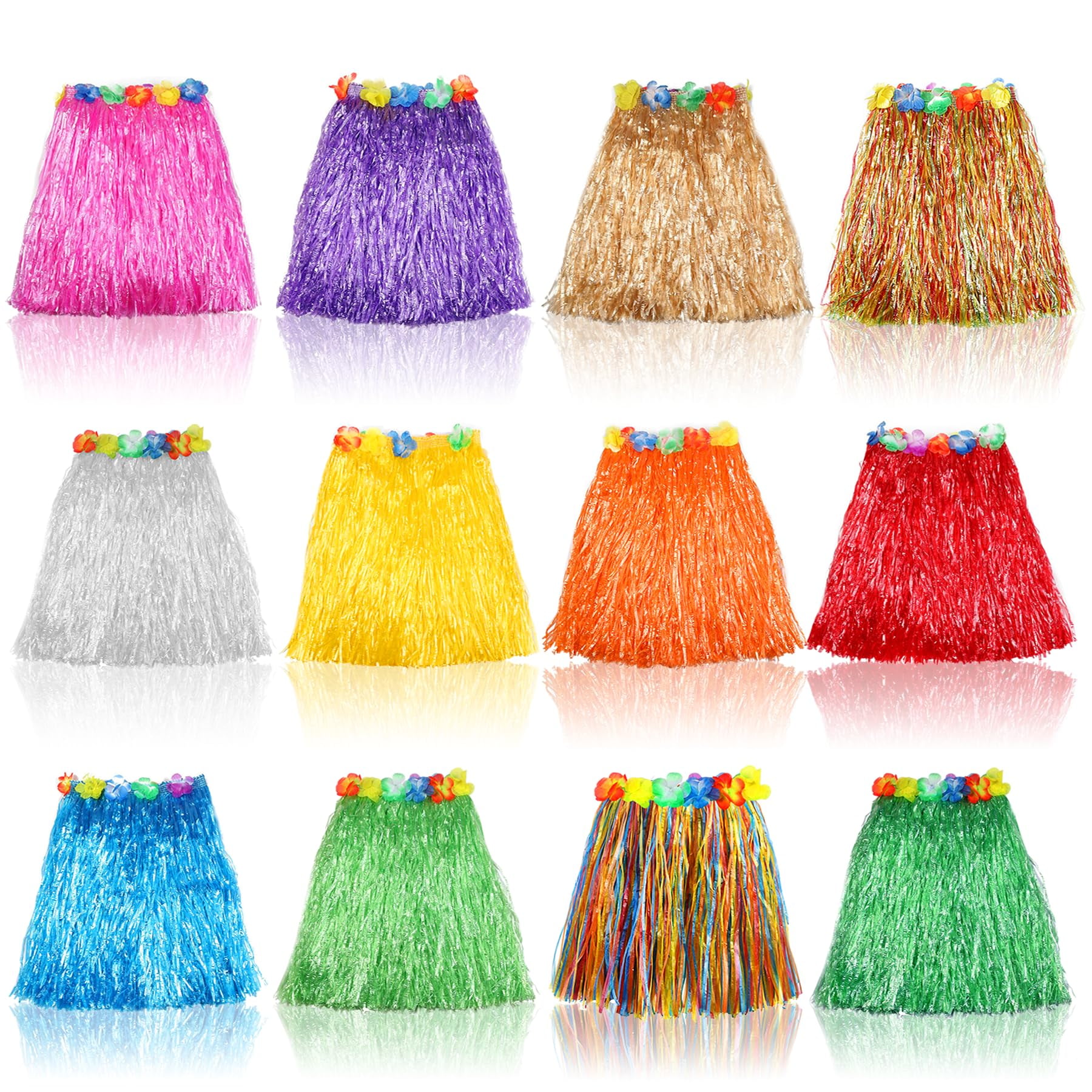 12pcs Multicolor Grass Skirts Adjustable Waist Perfect for Hawaiian