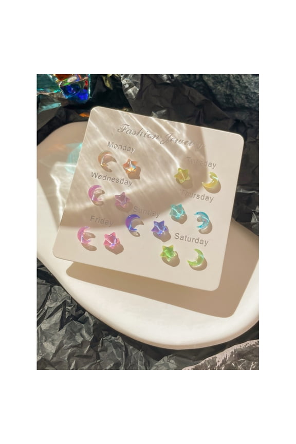 12pcs Multicolor Iridescent Moon & Star Stud Earrings Set For Women Daily Stacking Accessory