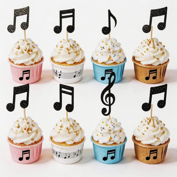 12pcs Music Note Cupcake Toppers, Black Glitter Music Note/Treble Clef Cupcake Picks for Music Party/Birthday Decorations