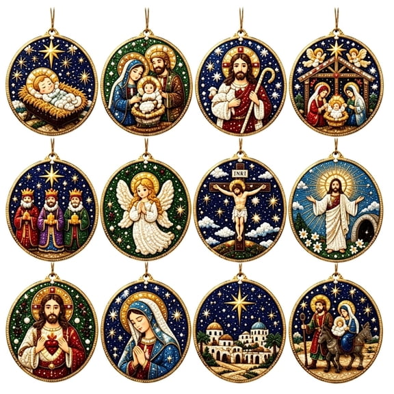 12pcs Nativity Set Christmas Pearl Art Kits for Adults, 5D Diamond Art Kits Round Hanging Ornament DIY Craft Decor, Xmas Gift