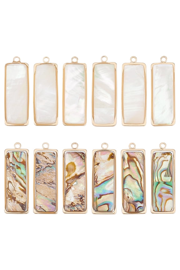 12pcs Natural Abalone Shell Charms With Gold Frame 2 Styles Rectangle Paua Shell Pendant Mixed Abalone Shell Pendant Necklace for Women Jewelry Making 1.06x0.35 Inch DIY Mixed Color
