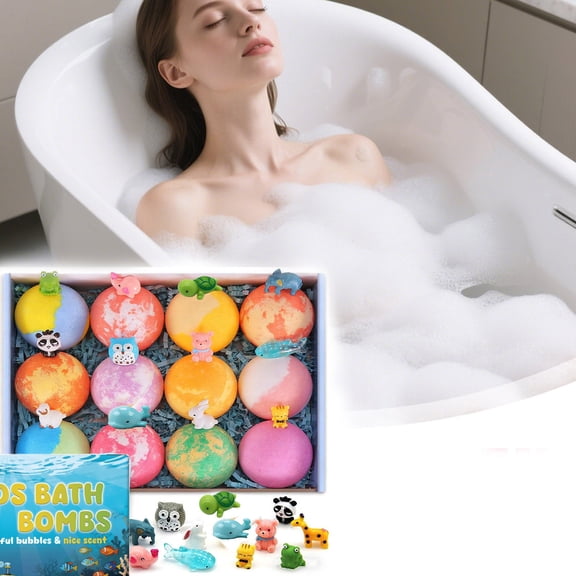 12pcs Natural Bath Bombs Box Set With Mega Bubbles & Surprise Toy Inside,Splash Surprise Bath Bombs,Animal Themed Bath Balls Gift Box Set,Natural Bath Salt Skin-Friendly Bathing For Family Gifts