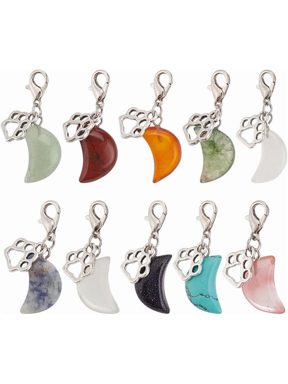 12pcs Natural Gemstone Pet Collar Charms Moon Shaped Jewelry Charms Colorful Dog Paw Pet Puppy Collar Pendants Clip-on Charms for DIY