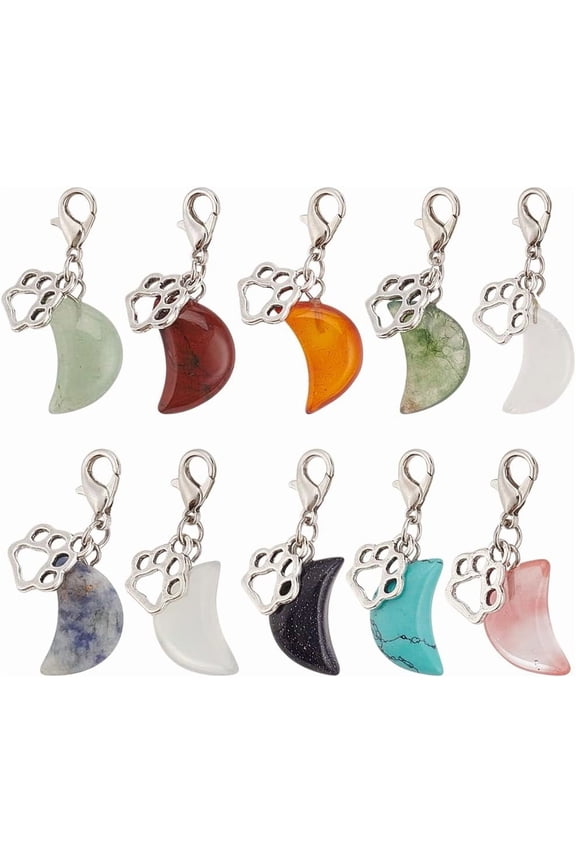 12pcs Natural Gemstone Pet Collar Charms Moon Shaped Jewelry Charms Colorful Dog Paw Pet Puppy Collar Pendants Clip-on Charms for DIY