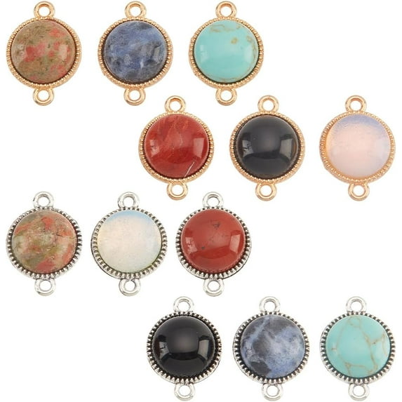 12pcs Natural Stone Links Connectors Flat Round Gemstone Pendants Jasper Agate Jewelry Links Charm Connectors with Platinum & Light Gold Plated DIY
