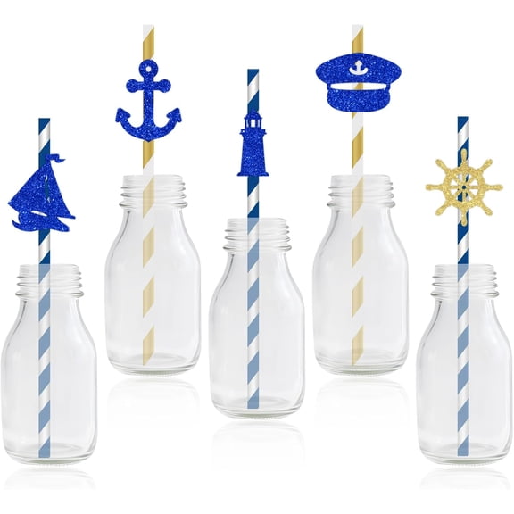 12pcs Nautical Anchor Themed Paper Straws Glitter Navy Blue Gold Striped Drinking Straw Nautical Sailing Pirate Anchor Lighthouse Helm Decor for Kids Ocean Birthday Baby Shower Party Favors Supplies