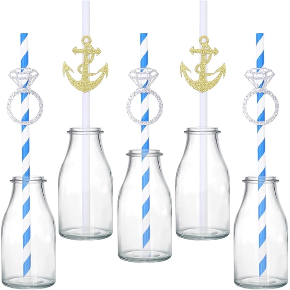 12pcs Nautical Bridal Shower Favors Straws, Last Sail Before the Veil Bachelorette Party Paper Straws Glitter Anchor Diamond Ring Striped Drinking Straws for Nautical Party Decorations