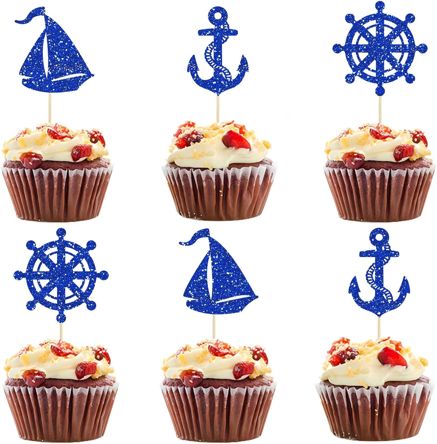 Natucial Rutter 12pcs Nautical Rudder Sailboat Cupcake Toppers for Nautical Navy Theme ...