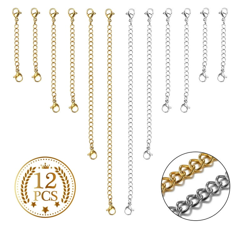 12pcs Necklace Extender, TSV Stainless Steel Bracelet Extender Chain Set  with Lobster Clasps Closures, Extensions 2, 3, 4, 6, Gold and Silver 