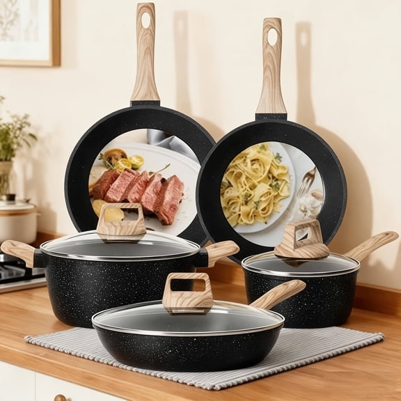 12pcs Non-Stick Cookware Set | Granite Induction Cooker Compatible, Includes Frying Pan Set, Stew Pot, Steamer, Kitchen Utensils, Aluminum Material