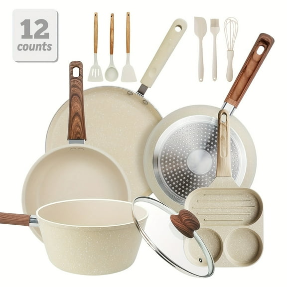 12pcs Nonstick Pans Pots Set, Cookware Set With Frying Pan, Saucepan, Cooking Utensils, For Kitchen Home Cannteen Dining Room Use, Gift For Wedding Housewarming (white)