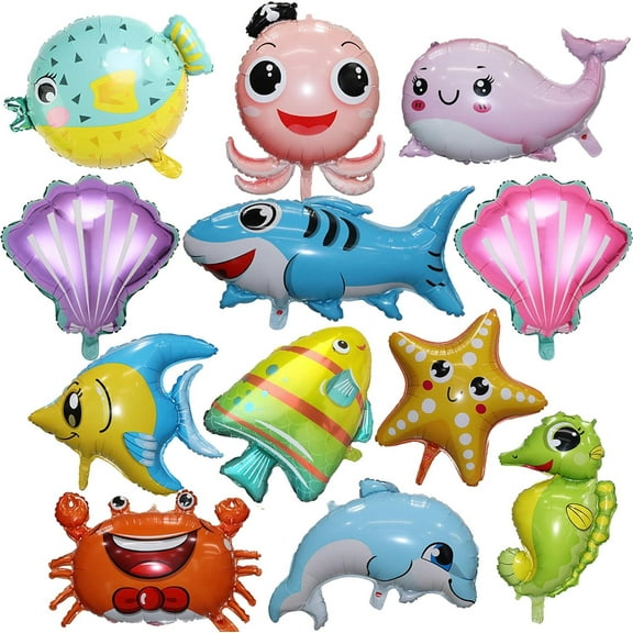 12pcs Ocean Themed Party Decorations, Cute Sea Animal Balloons, Starfish Octopus Seahorse Lobster Cute Marine Balloons for Birthday Decorations