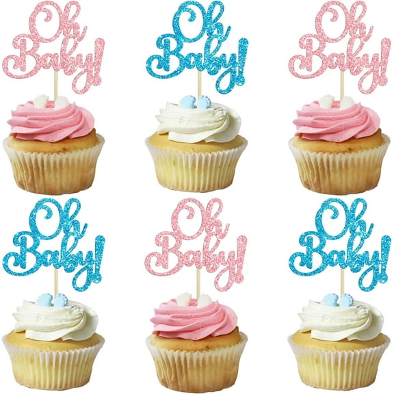 12pcs Oh Baby Cupcake Toppers Glitter Baby Shower Cake Decorations Gender Reveal Cupcake Picks for Boy or Girl Theme Baby Shower Kids Birthday Party Cake Decorations Blue Pink