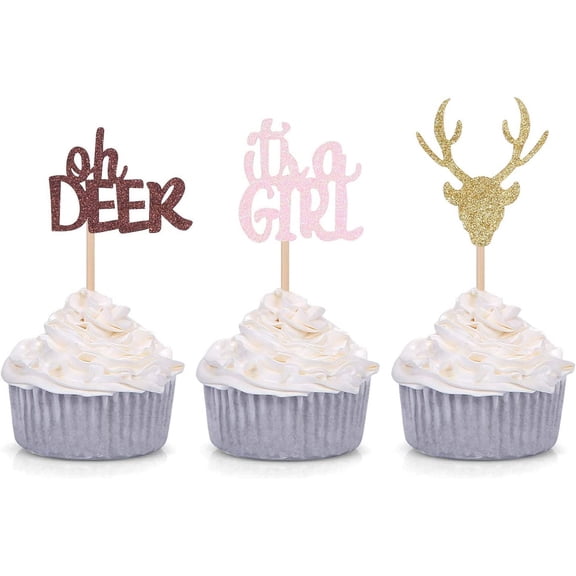 12pcs Oh Deer It's a Girl Cupcake Toppers Gender Reveal Party Decorations Girl Baby Shower Party Favors