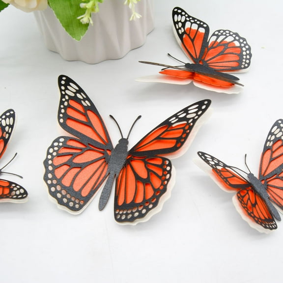 12pcs Orange 3D Butterflies Wall Decors Removable Paper Stickers for Home Decoration 3D Butterfly Size