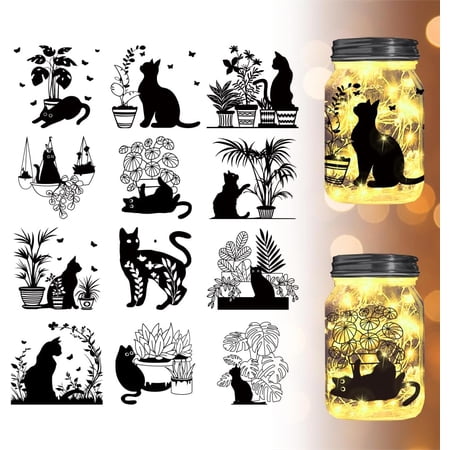 12pcs PVC Cat and Plants Silhouette Cutouts Decals Kitten Silhouette Cutouts Decals Cats and Flowers Theme Silhouette for Wall Windows Jars Decor