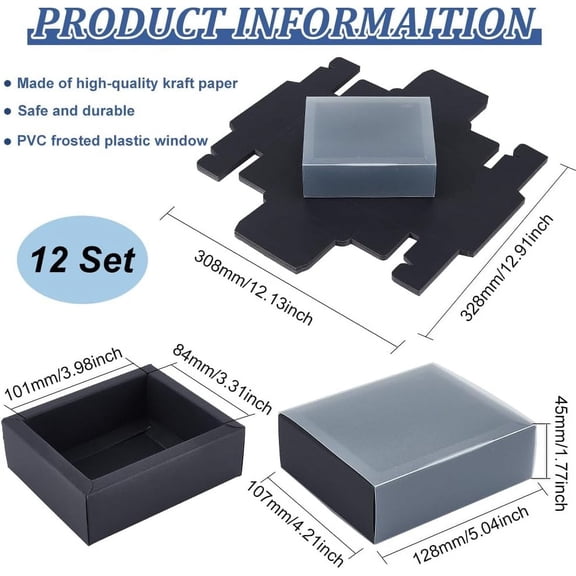 12pcs Paper Storage Gift Drawer boxes Translucent Plastic Cover Gift Packaging Case Black 12.8x10.7x4.5cm