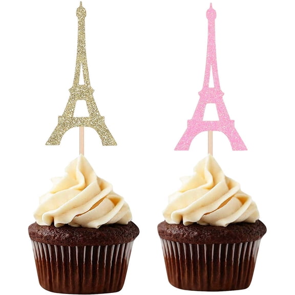12pcs Paris Theme Cupcake Toppers Eiffel Tower Shape Party Picks Wedding Bridal Shower Decorations - Pink and Gold