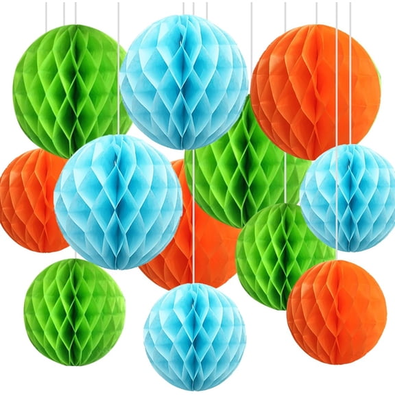 12pcs Pastel Blue Fruit Green and Orange Paper Honeycomb Balls,Hanging Tissue Pom poms for Dinosaur Birthday Party Decoration
