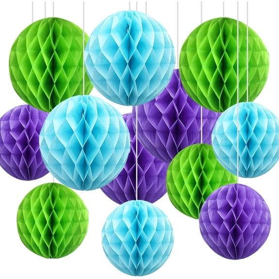 12pcs Pastel Blue Fruit Green and Purple Paper Honeycomb Balls,Hanging Tissue Pom poms for Baby Shower Birthday Party Decorations